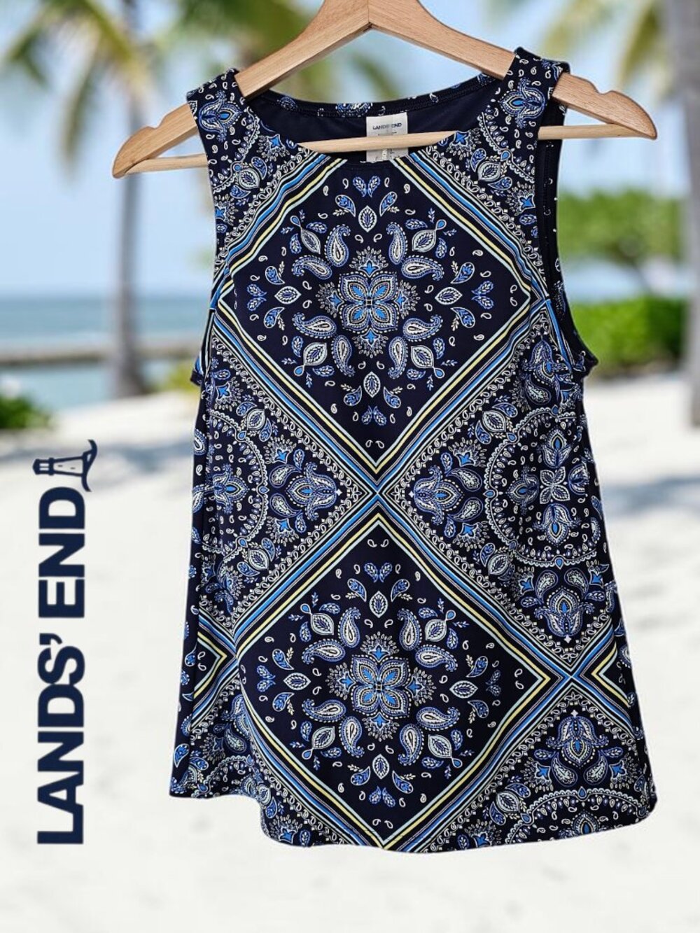 Lands' End 6 Tankini Swimsuit Top Blue White Bandana Print